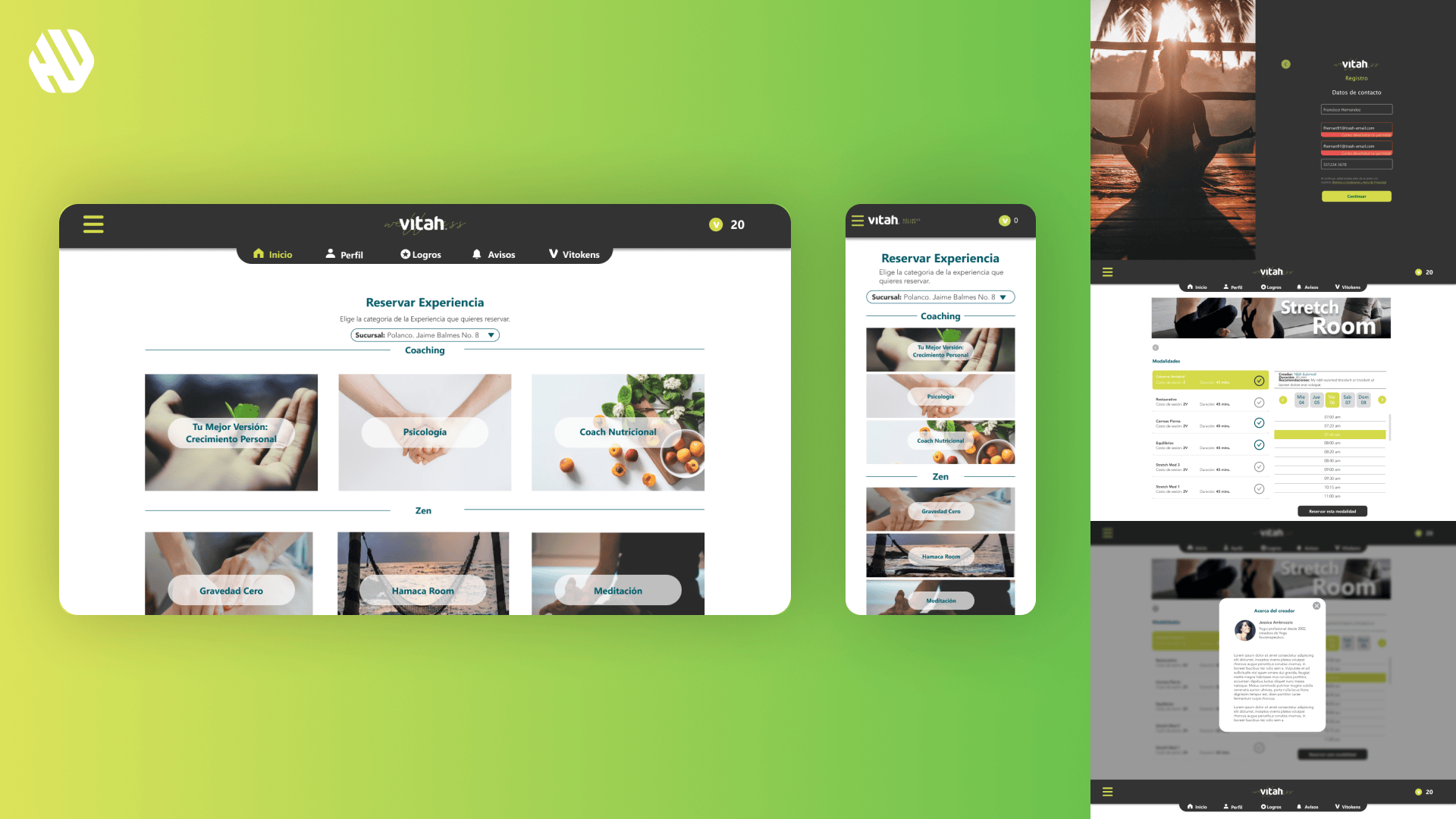 Vitah brand website interface design, showcasing booking experiences and user interface elements.